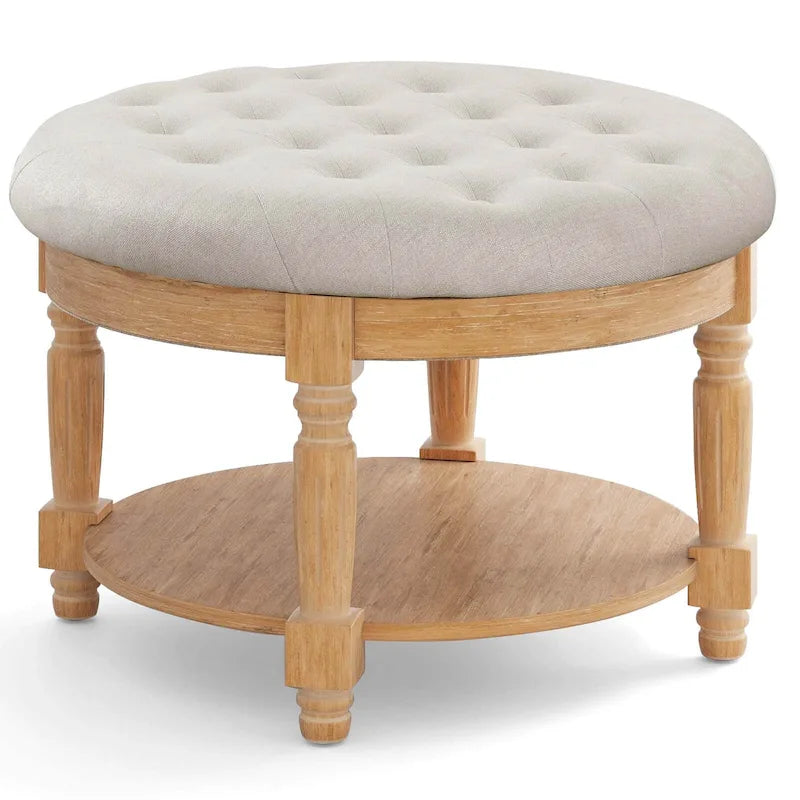 29 Round Tufted Storage Ottoman Coffee Table with Lower Shelf