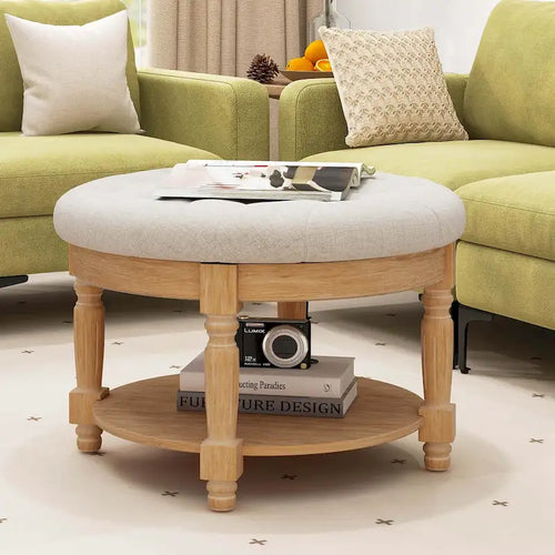 29 Round Tufted Storage Ottoman Coffee Table with Lower Shelf