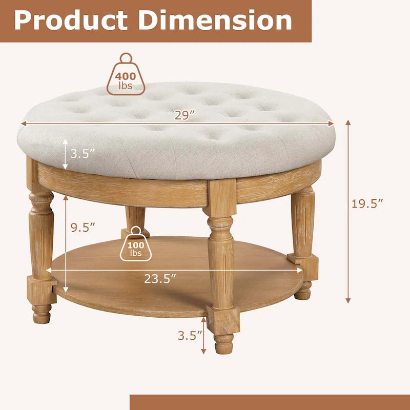 29 Round Tufted Storage Ottoman Coffee Table with Lower Shelf