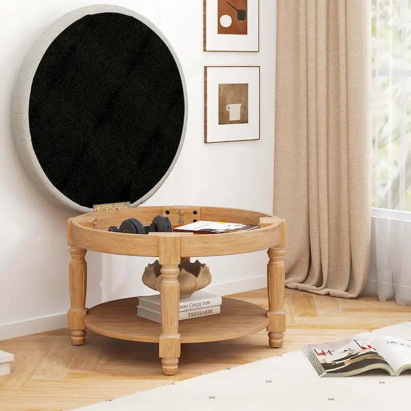 29 Round Tufted Storage Ottoman Coffee Table with Lower Shelf