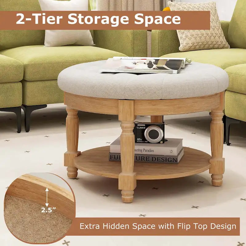 29 Round Tufted Storage Ottoman Coffee Table with Lower Shelf