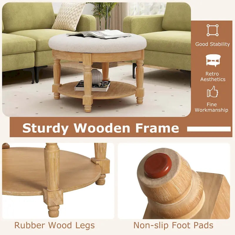 29 Round Tufted Storage Ottoman Coffee Table with Lower Shelf