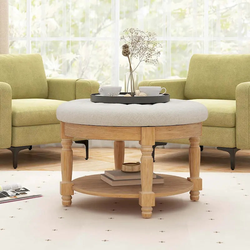 29 Round Tufted Storage Ottoman Coffee Table with Lower Shelf