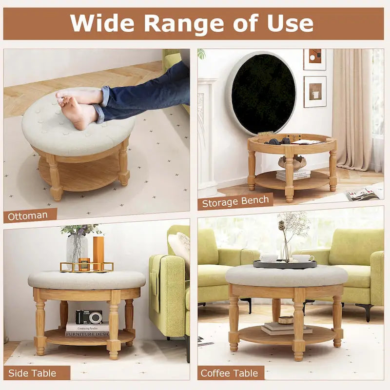 29 Round Tufted Storage Ottoman Coffee Table with Lower Shelf