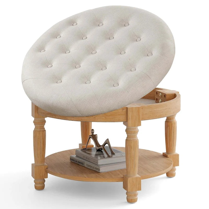 29 Round Tufted Storage Ottoman Coffee Table with Lower Shelf