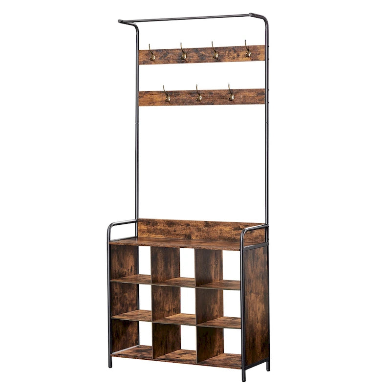 Antique Brown 3-in-1 Hall Tree with Shoe Rack and 7 Hooks