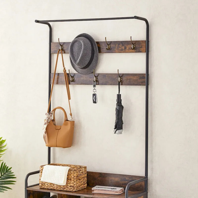 Antique Brown 3-in-1 Hall Tree with Shoe Rack and 7 Hooks