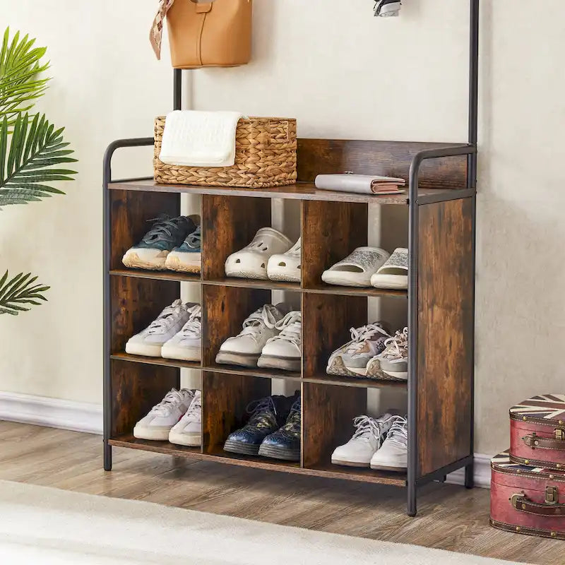 Antique Brown 3-in-1 Hall Tree with Shoe Rack and 7 Hooks