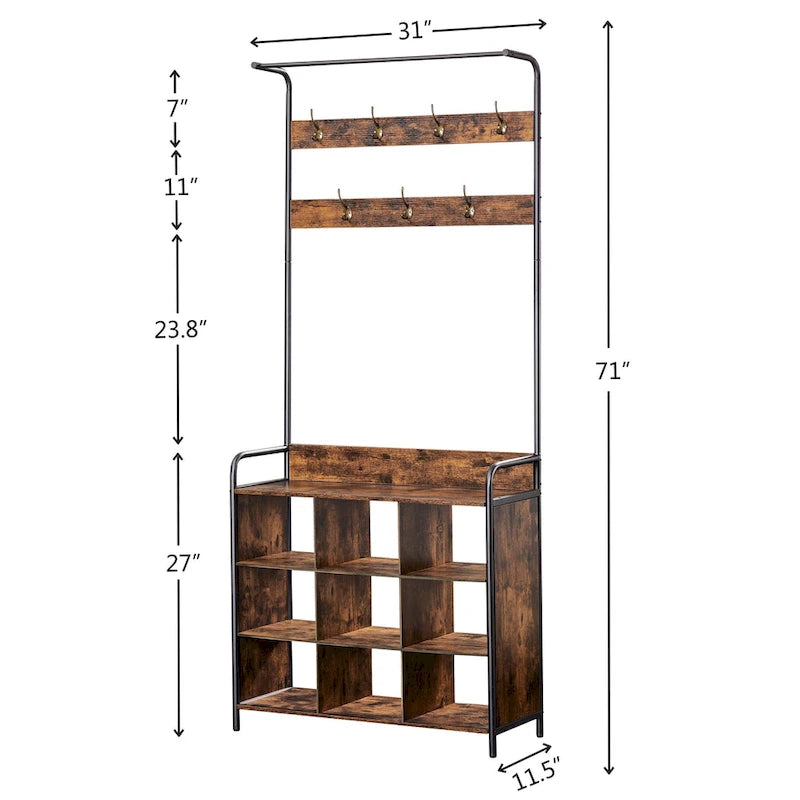 Antique Brown 3-in-1 Hall Tree with Shoe Rack and 7 Hooks