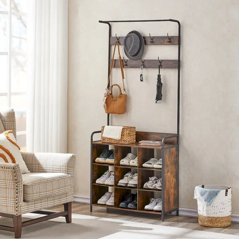 Antique Brown 3-in-1 Hall Tree with Shoe Rack and 7 Hooks