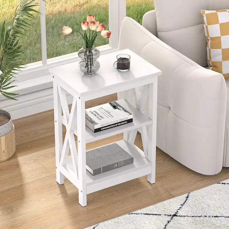 3-Tier Nightstand with Open Shelves and Metal Frame