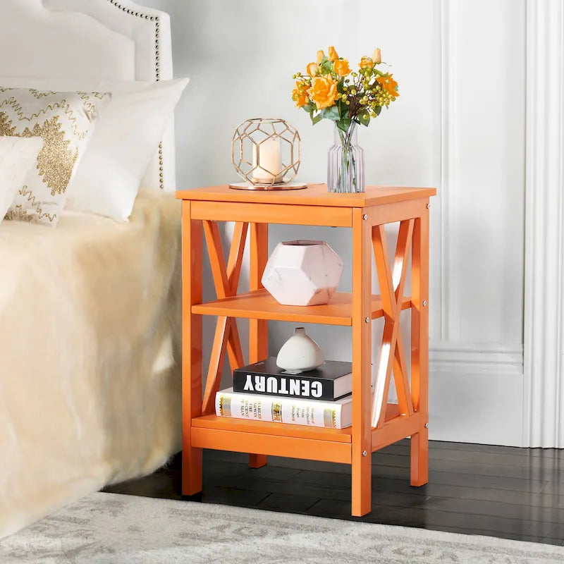 3-Tier Nightstand with Open Shelves and Metal Frame