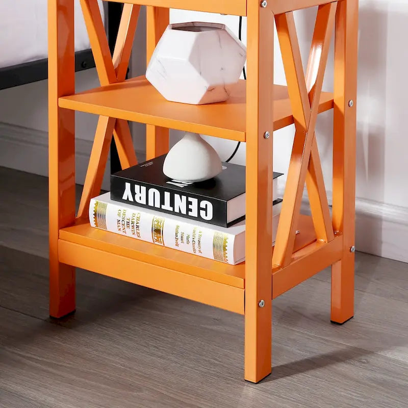 3-Tier Nightstand with Open Shelves and Metal Frame