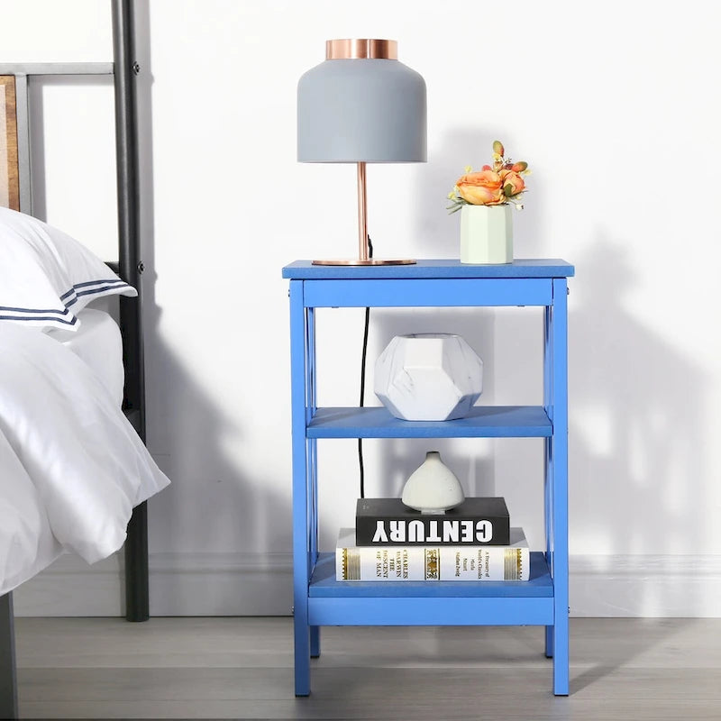 3-Tier Nightstand with Open Shelves and Metal Frame