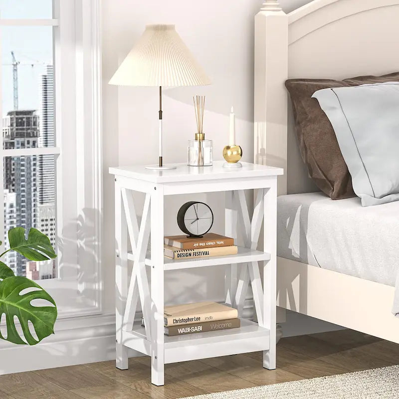 3-Tier Nightstand with Open Shelves and Metal Frame