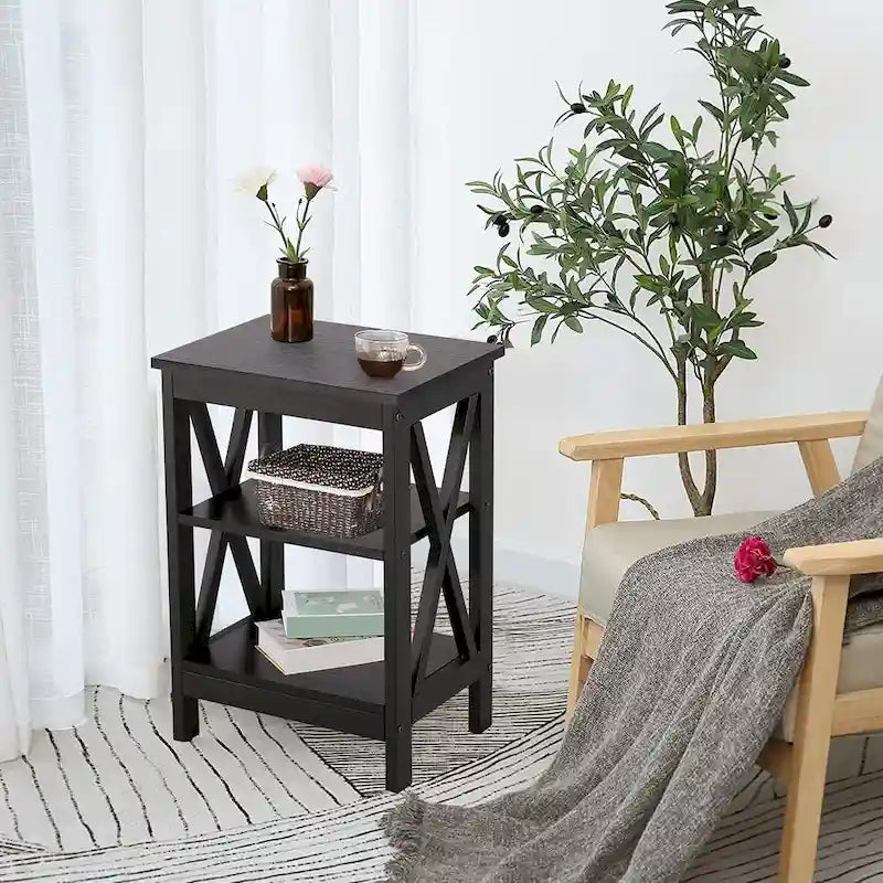 3-Tier Nightstand with Open Shelves and Metal Frame