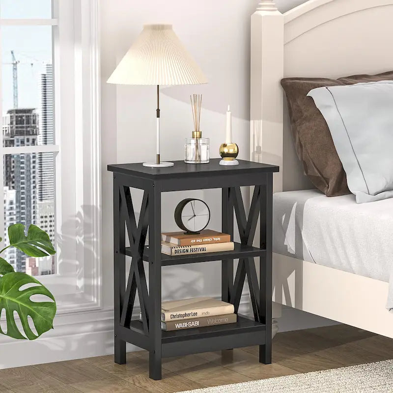 3-Tier Nightstand with Open Shelves and Metal Frame