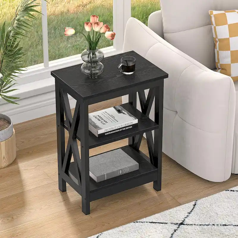 3-Tier Nightstand with Open Shelves and Metal Frame