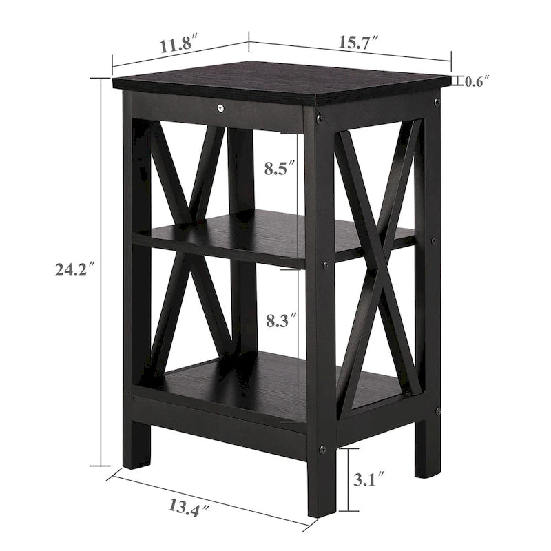 3-Tier Nightstand with Open Shelves and Metal Frame
