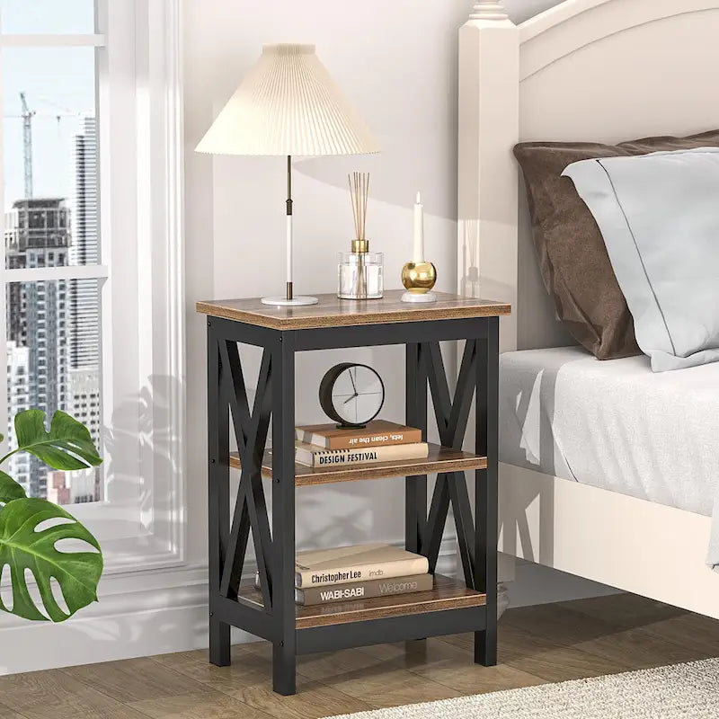 3-Tier Nightstand with Open Shelves and Metal Frame