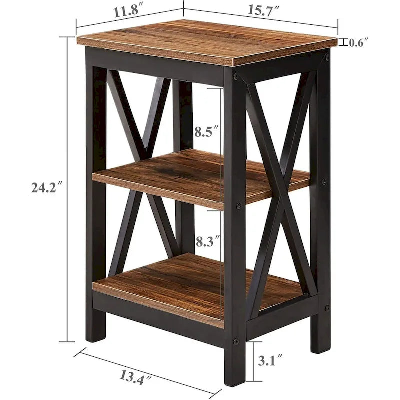 3-Tier Nightstand with Open Shelves and Metal Frame