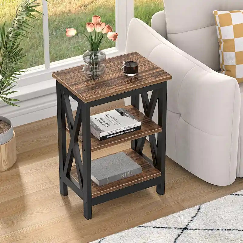 3-Tier Nightstand with Open Shelves and Metal Frame