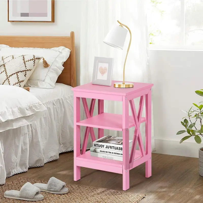 3-Tier Nightstand with Open Shelves and Metal Frame