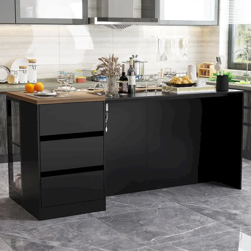 Kitchen Island & Office Desk with Drawers and Lighted Glass Cabinets