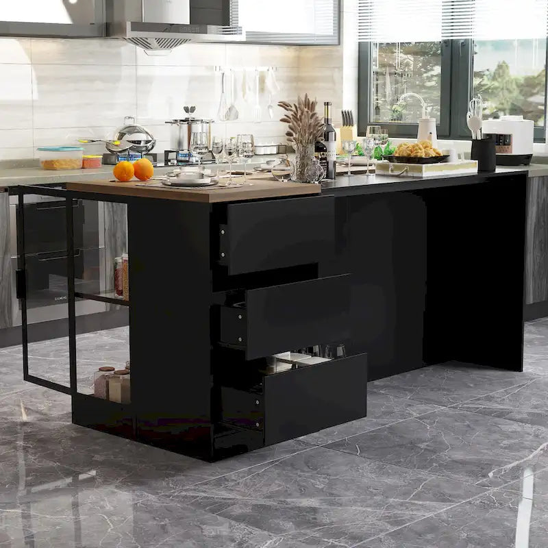Kitchen Island & Office Desk with Drawers and Lighted Glass Cabinets