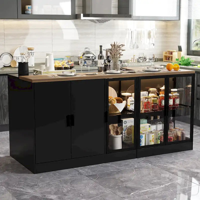 Kitchen Island & Office Desk with Drawers and Lighted Glass Cabinets