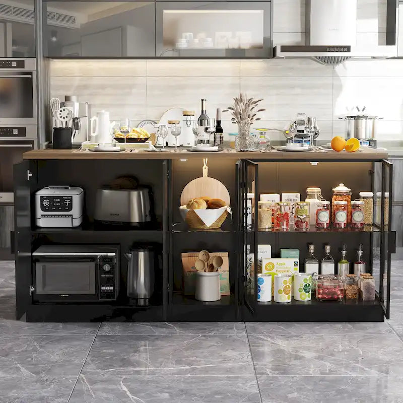 Kitchen Island & Office Desk with Drawers and Lighted Glass Cabinets