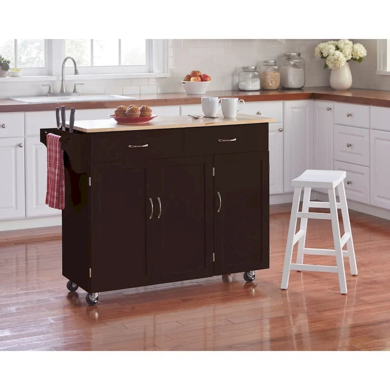 Rolling Kitchen Cart with Solid Wood Top and Storage