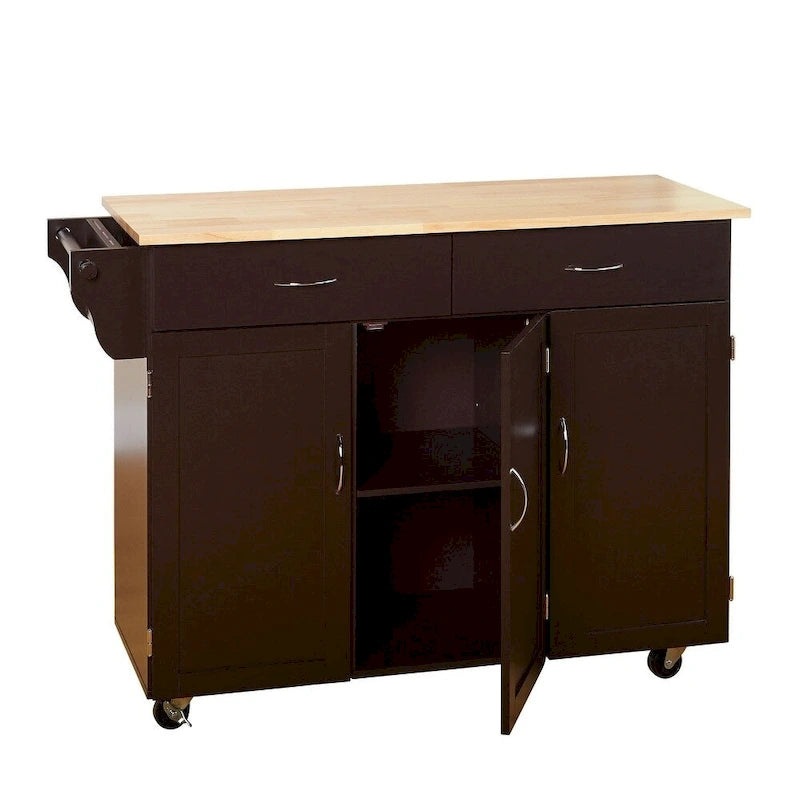 Rolling Kitchen Cart with Solid Wood Top and Storage