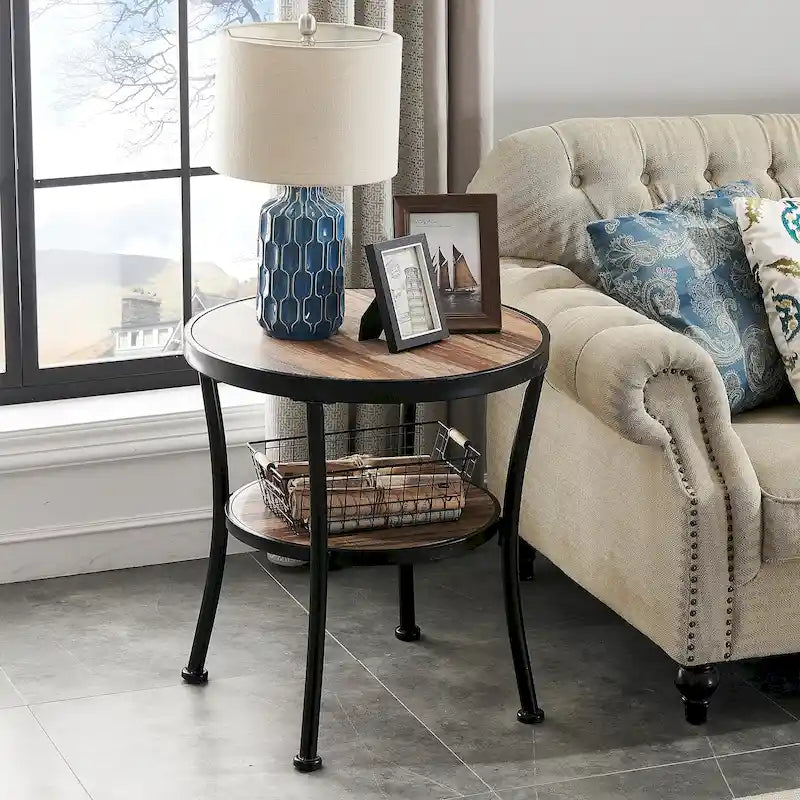 Rustic Round End Table with Storage Shelf for Living Room