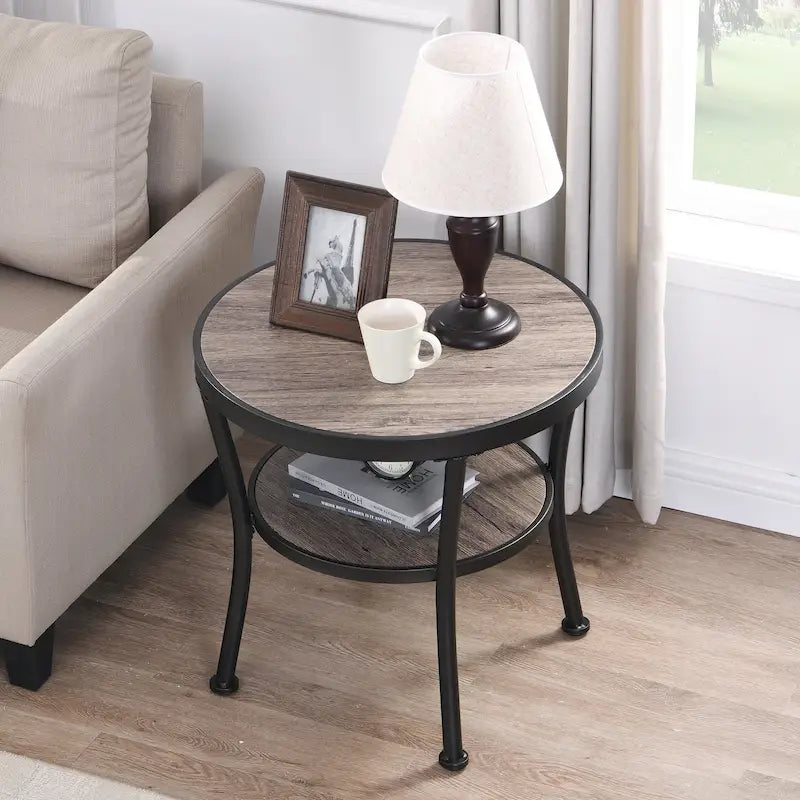 Rustic Round End Table with Storage Shelf for Living Room