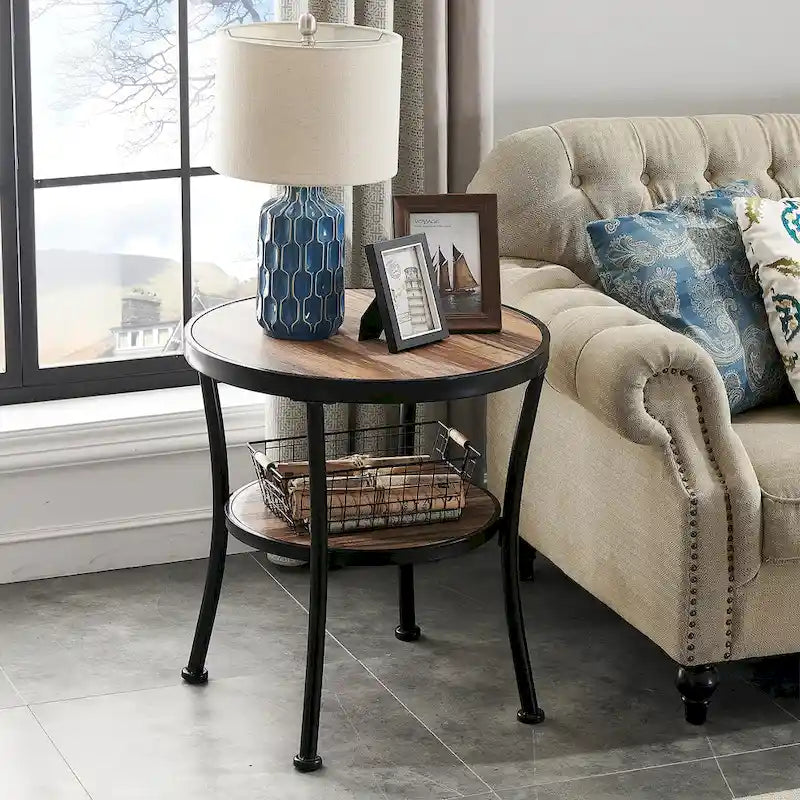 Myhozm Rustic Round End Table with Storage, Industrial Side Table for Living Room