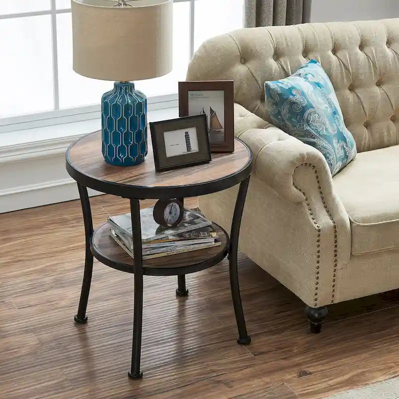 Rustic Round End Table with Storage Shelf for Living Room
