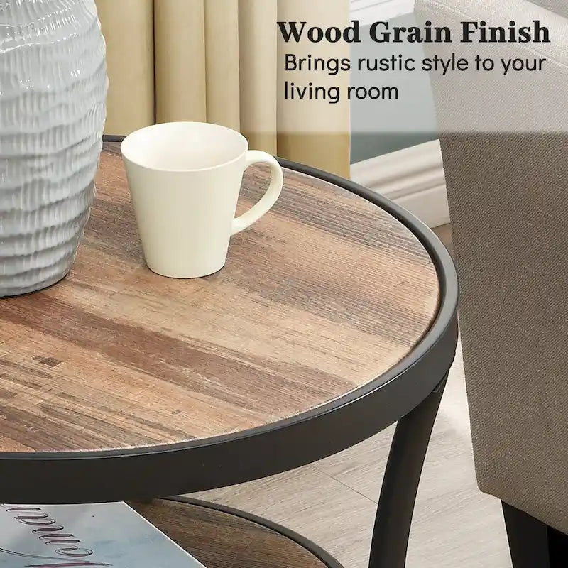 Rustic Round End Table with Storage Shelf for Living Room
