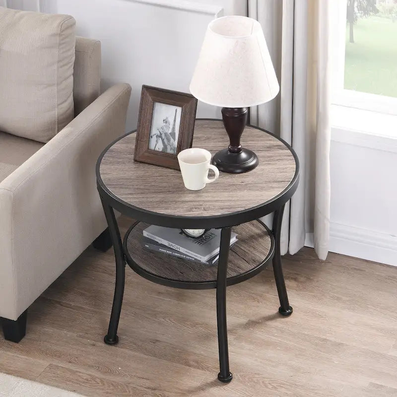 Rustic Round End Table with Storage Shelf for Living Room