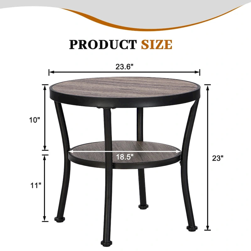 Rustic Round End Table with Storage Shelf for Living Room