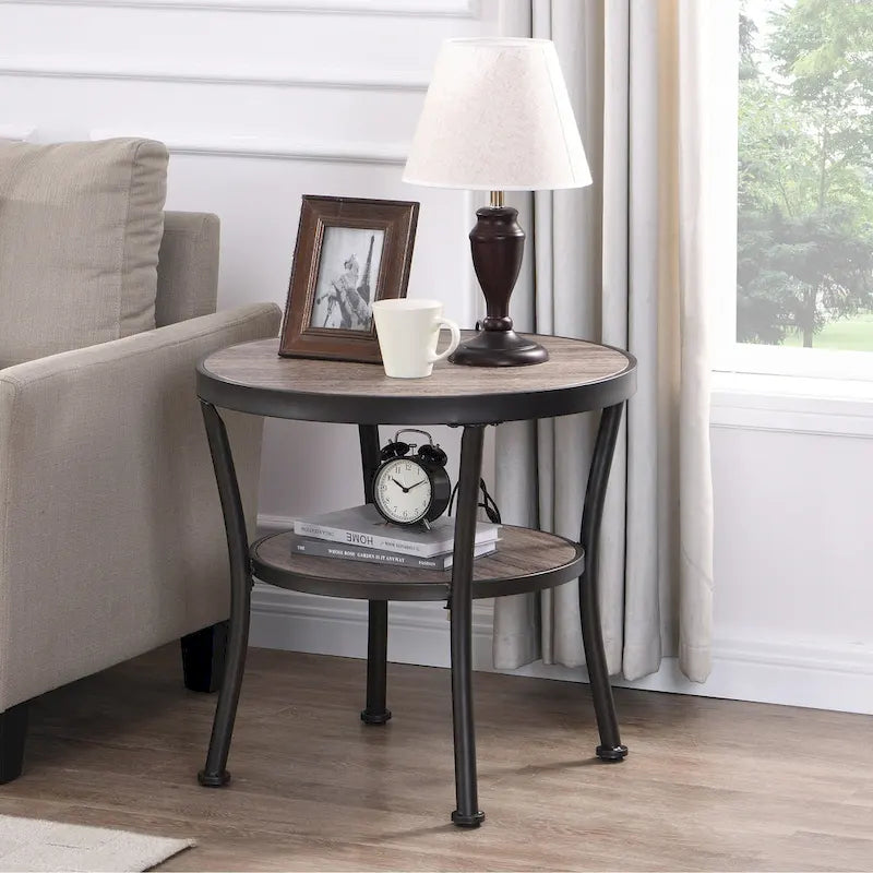 Rustic Round End Table with Storage Shelf for Living Room