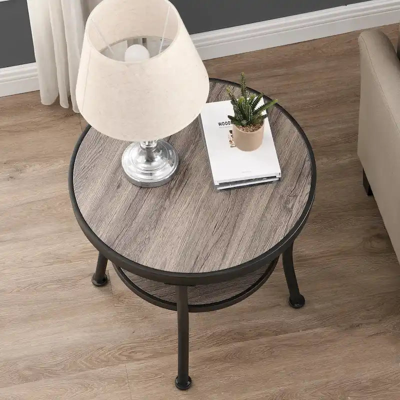 Rustic Round End Table with Storage Shelf for Living Room