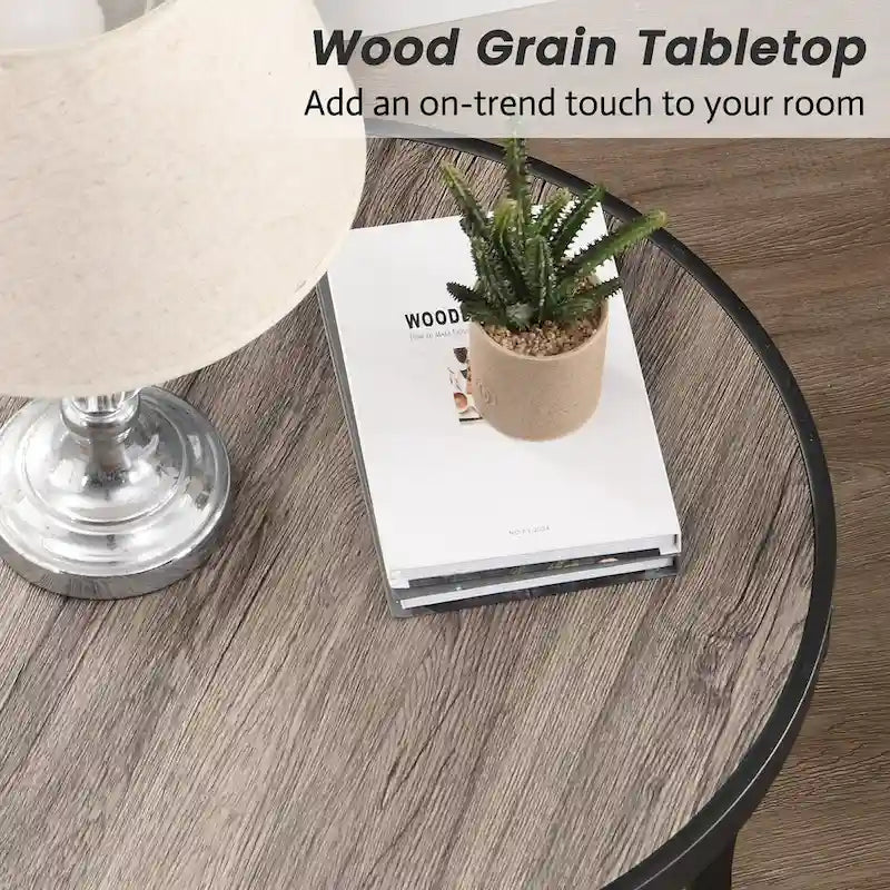 Rustic Round End Table with Storage Shelf for Living Room