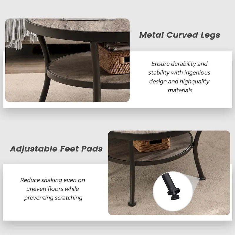 Rustic Round End Table with Storage Shelf for Living Room