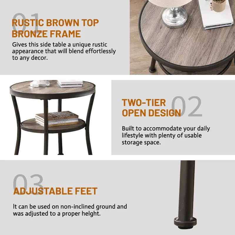 Rustic Round End Table with Storage Shelf for Living Room