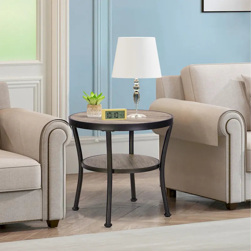 Rustic Round End Table with Storage Shelf for Living Room