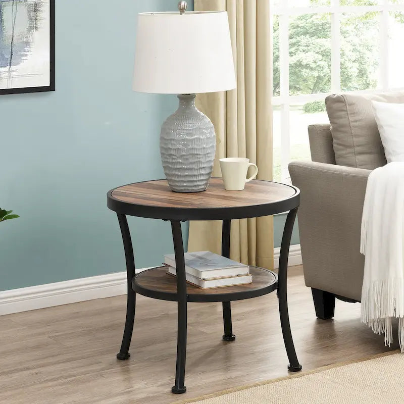 Rustic Round End Table with Storage Shelf for Living Room