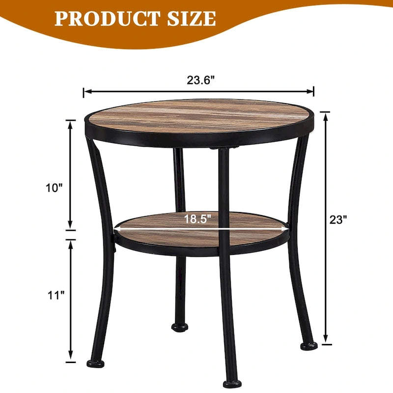 Rustic Round End Table with Storage Shelf for Living Room