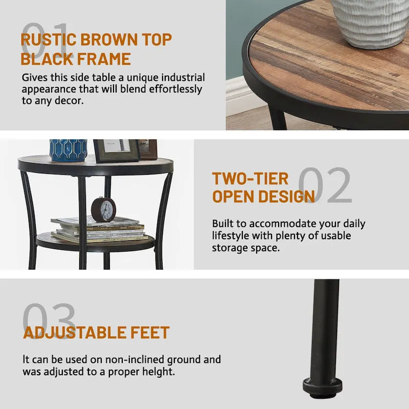 Rustic Round End Table with Storage Shelf for Living Room