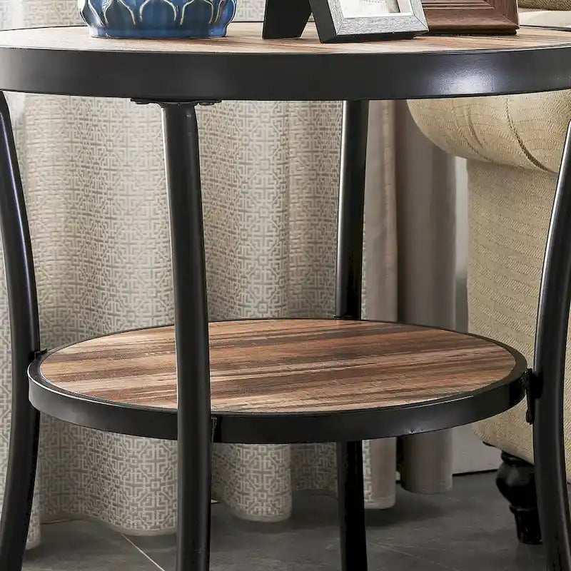 Rustic Round End Table with Storage Shelf for Living Room